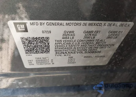 2020 Chevrolet Equinox Fwd Lt 1.5L Turbo z USA, uszkodzony, nr VIN 3GNAXKEV0LS508506